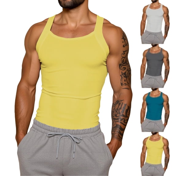 Solid Color Tank Top for Men Sleeveless Slim Fit Top Round Neck Stretchy Cotton Ribbed Wide Strap Casual Gym Daily Shirt, #02 Yellow, S