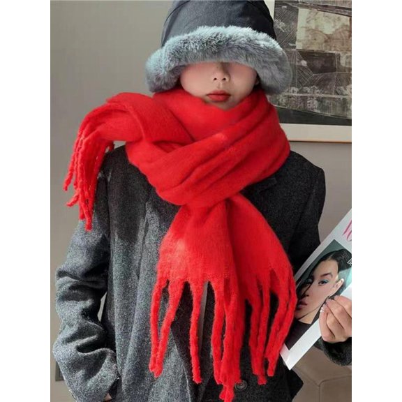 Solid Color Tassel Decor Scarf, Elegant Thickened Shawl for Women & Men, Fashion Accessories for Fall & Winter