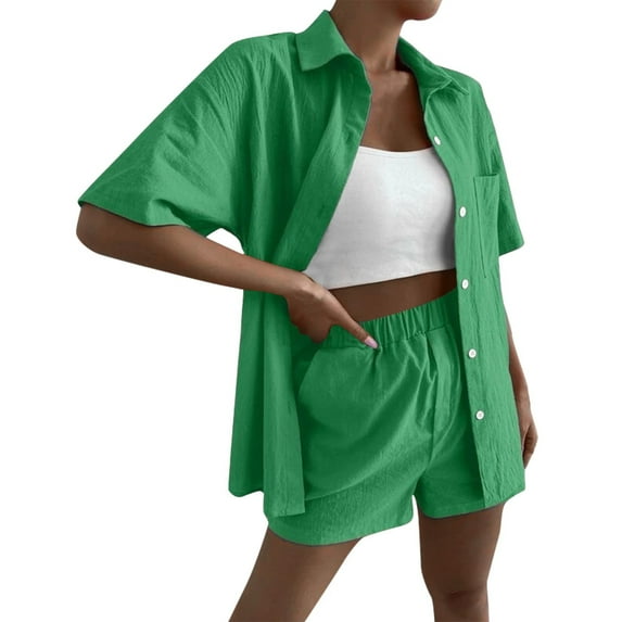 Solid Color Tee Shirt Cotton Linen Button Tops Short Sleeve Pullover with Pocket Wide Leg Shorts Sets