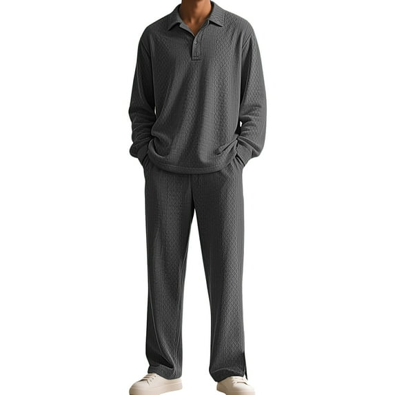 Solid-Color Textured Casual Collared Pullover Long-Sleeve Top And Pants Sports Set