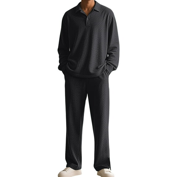 Solid-Color Textured Casual Collared Pullover Long-Sleeve Top And Pants Sports Set