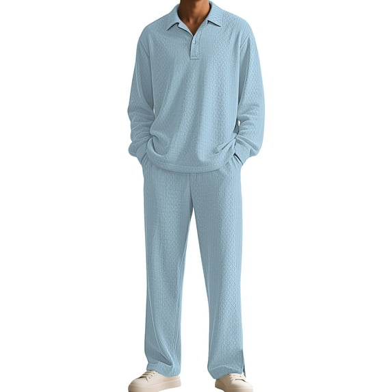 Solid-Color Textured Casual Collared Pullover Long-Sleeve Top And Pants Sports Set