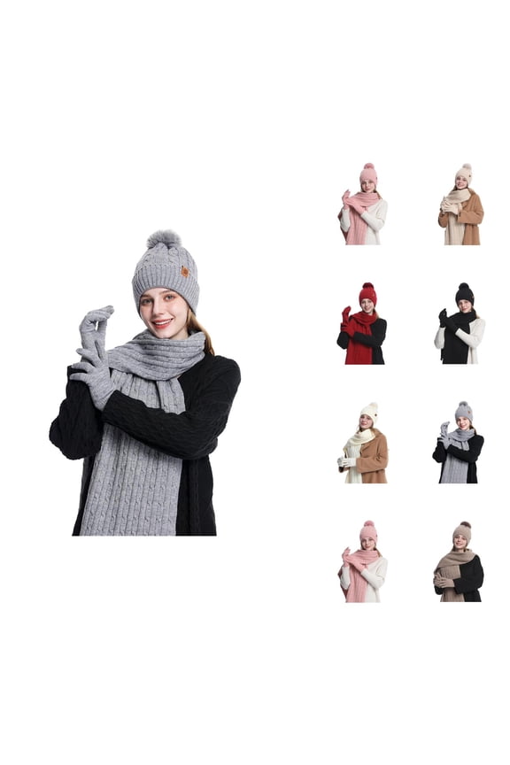 Solid Color Thick Knit Winter Set – Double Lined Warm Hat Scarf Gloves for Cold Weather Protection, Cozy Style Thermal Accessories for Outdoor Hiking Travel Snow Sports, Warm Gift Ideas Ski