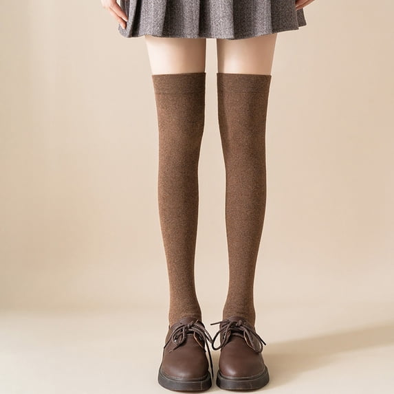 Solid Color Thigh High Socks Japanese Style Over The Knee Stockings For Women, Coffee