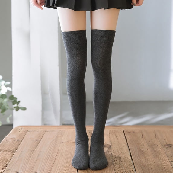 Solid Color Thigh High Socks Japanese Style Over The Knee Stockings For Women, Dark Gray