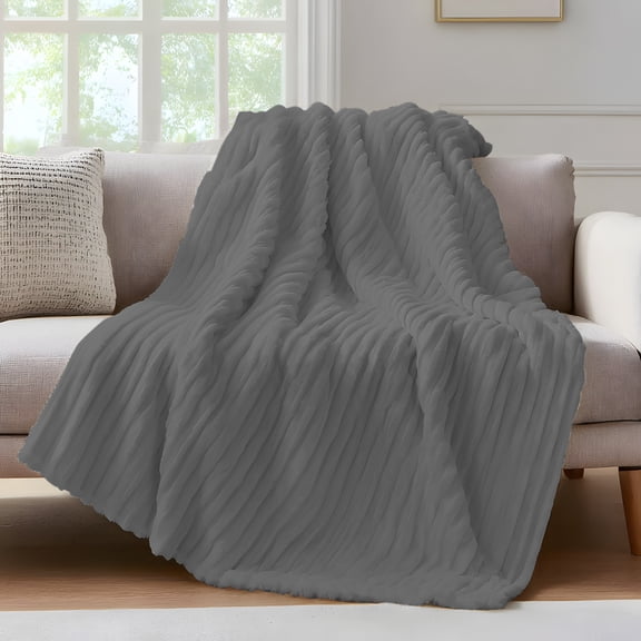 Solid Color Throw Blanket for Couch Dark Gray Soft and Warm Flannel 3D Striped Fluffy Fuzzy Fleece Blanket Lightweight Throw for Bed, Sofa 50 x 60 Inches