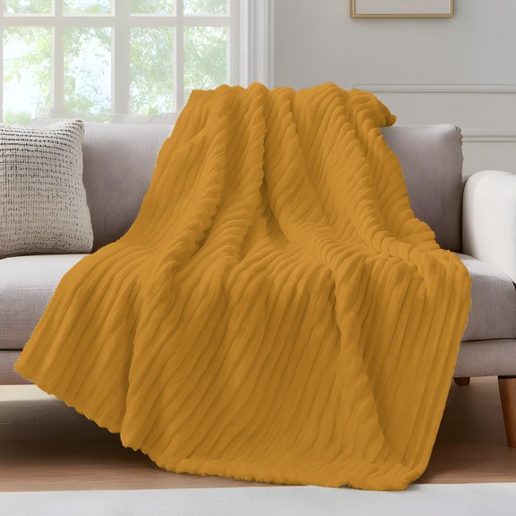 Solid Color Throw Blanket for Couch Ginger Soft and Warm Flannel 3D Striped Fluffy Fuzzy Fleece Blanket Lightweight Throw for Bed, Sofa 40 x 50 Inches