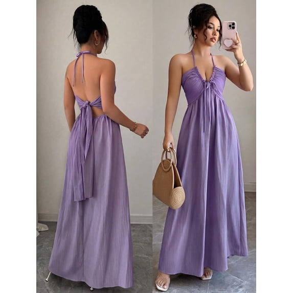 Solid Color Tie-Up Backless Maxi A-Line Dress Women's Summer Sundress One Piece Long Dress