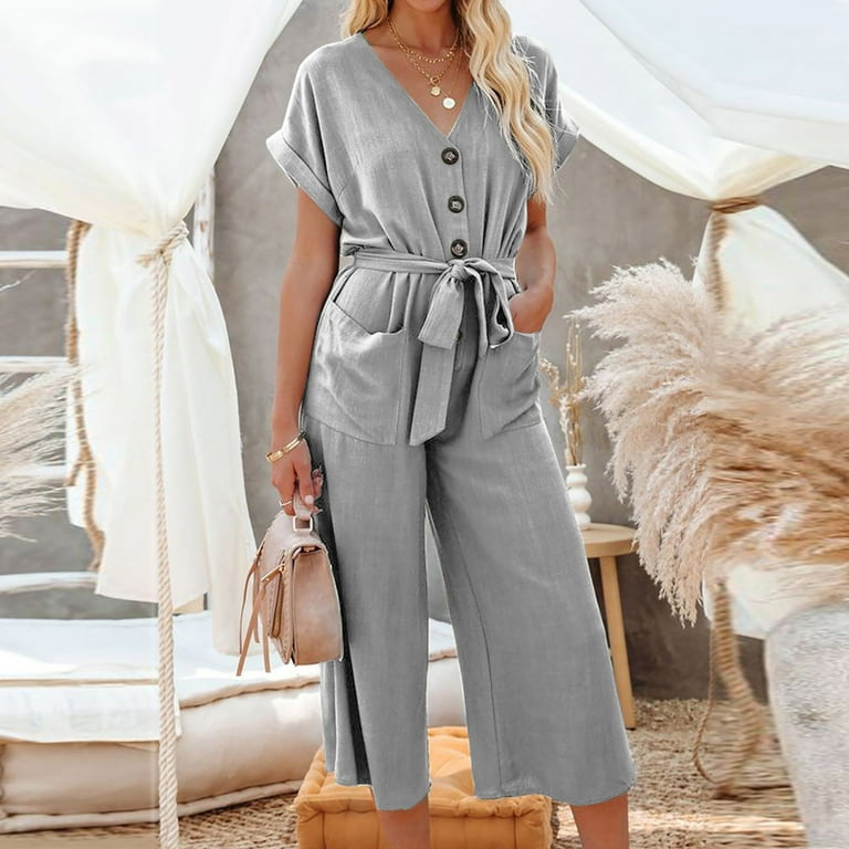 Work Street Solid With Belt V Neck Regular Jumpsuits Work Street Solid With Belt V Neck Regular Jumpsuits