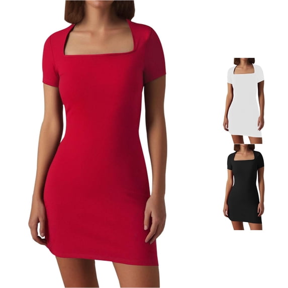 Solid Color Tight Square Collar Short Sleeve A Word Solid Color Dress Woman Juniors Summer Dresses