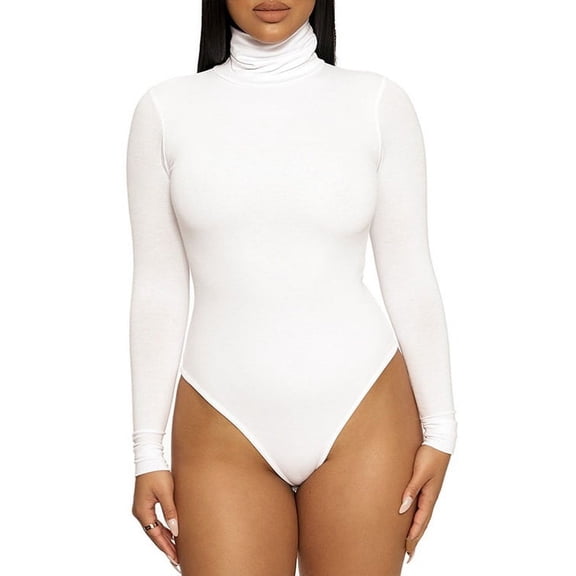 Solid Color Turtleneck Bodysuit Top (M, White)