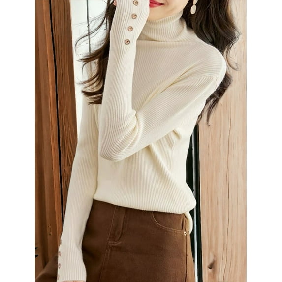 Solid Color Turtleneck Tight Slim Long-Sleeved Inner Layering Top, Ivory, Large