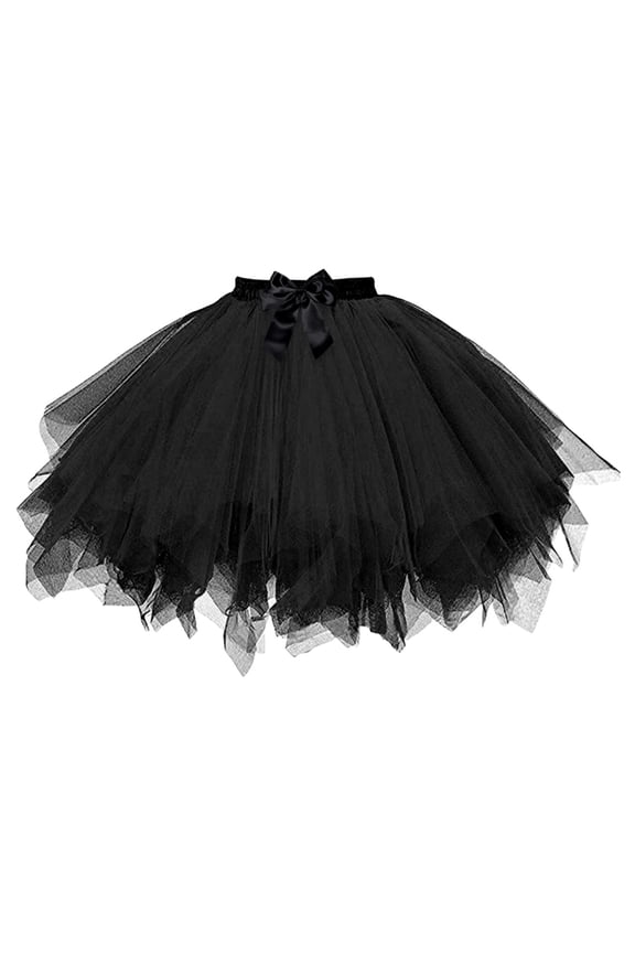 Solid Color Tutu Skirt with Waist Bow – Puffy Layered Mesh Ballet Gown for Carnival, Dance Party, Elegant Costume | Elastic Waist, Comfort Fit Black