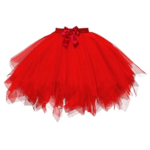 Solid Color Tutu Skirt with Waist Bow – Puffy Layered Mesh Ballet Gown for Carnival, Dance Party, Elegant Costume | Elastic Waist, Comfort Fit Red