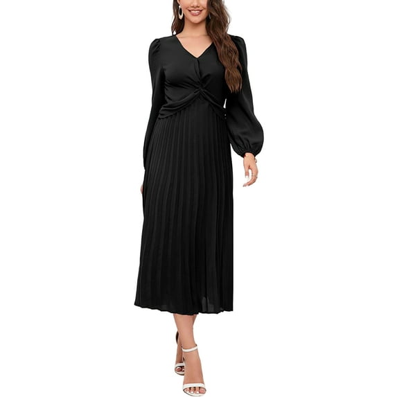 Solid Color Twist Front Pleated Dress for Women Mid-Calf Length Black Small