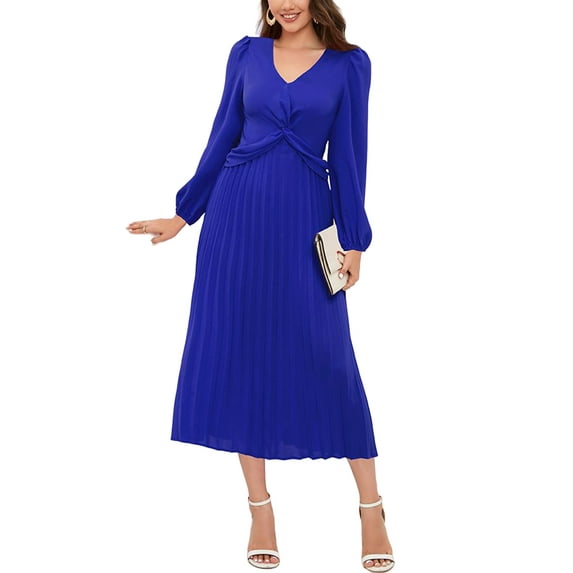 Solid Color Twist Front Pleated Dress for Women Mid-Calf Length Blue Small