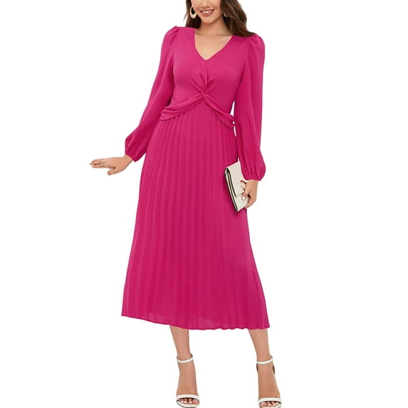 Solid Color Twist Front Pleated Dress for Women Mid-Calf Length Fuchsia Small