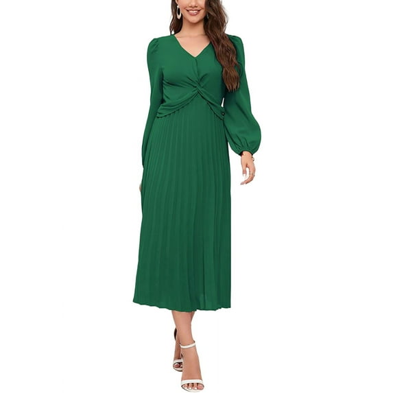 Solid Color Twist Front Pleated Dress for Women Mid-Calf Length Green Small