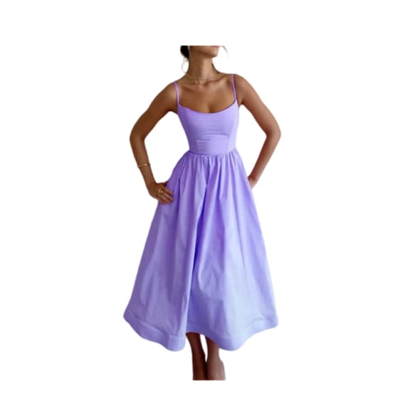 Solid Color U Neck Ruched Waist Suspender Flared Dress Women Casual Long Dress