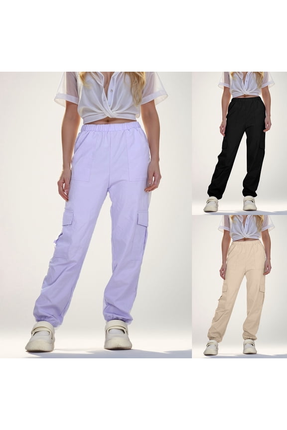 Solid Color Utility Cargo Pants Elastic Waist Cuffed Ankle Street Hip-Hop Dance Active Jogger Slacks for Girls