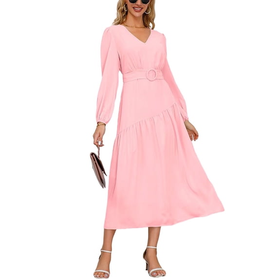 Solid Color V Neck Asymmetrical Seam Belted Midi Dress for Women Pink Medium