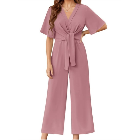 Solid Color V-Neck Casual Wide Leg Jumpsuit With Bownot