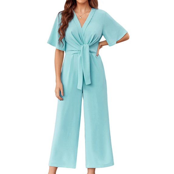 Solid Color V-Neck Casual Wide Leg Jumpsuit With Bownot