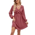 thumbnail image 1 of Solid Color V Neck Ruffle Detail Dress for Women Above Knee Length Mauve Pink Small, 1 of 1