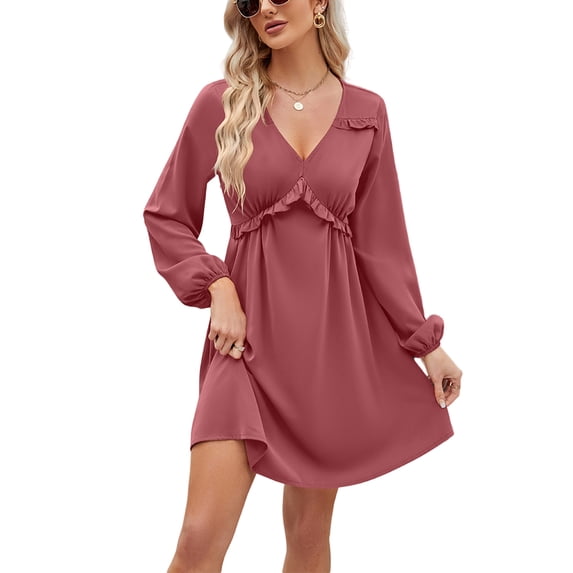 Solid Color V Neck Ruffle Detail Dress for Women Above Knee Length Mauve Pink Small