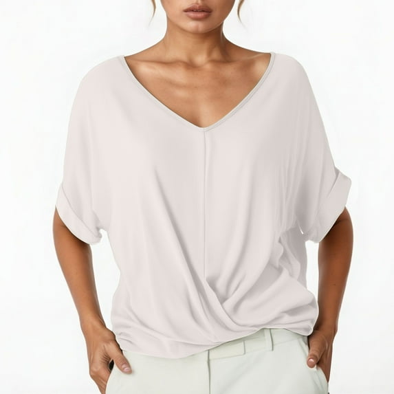 Solid Color V Neck Short Sleeve Elegant T Shirt For Women Clothes Hide Tummy Long Sleeve T Shirts for Woman Lightweight Long Sleeve Shirt Women Womens Casual Thin Shirt Womens Layering Shirts Long