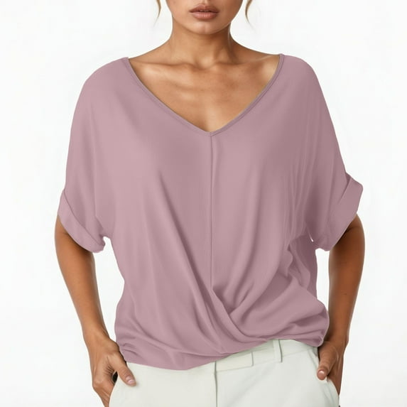 Solid Color V Neck Short Sleeve Elegant T Shirt for Women Compression Shirts for Women Long Sleeve Womens Medium Shirts Womens Thick Long Sleeve Shirt Long Sleeve Womens Shirts Miss Long Sleeve