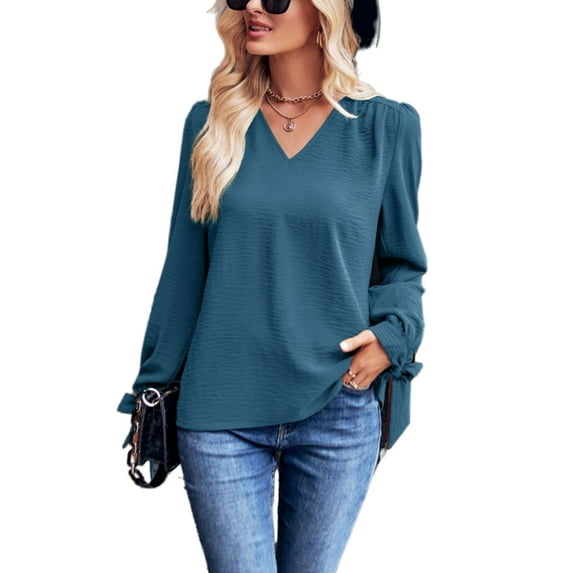 Solid Color V Neck Tie Cuff Long Sleeve Textured Blouse for Women Teal Small