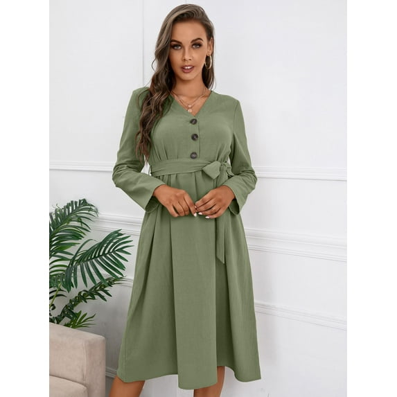 Solid Color V Neck Tie Waist Belted Dress for Women Knee Length