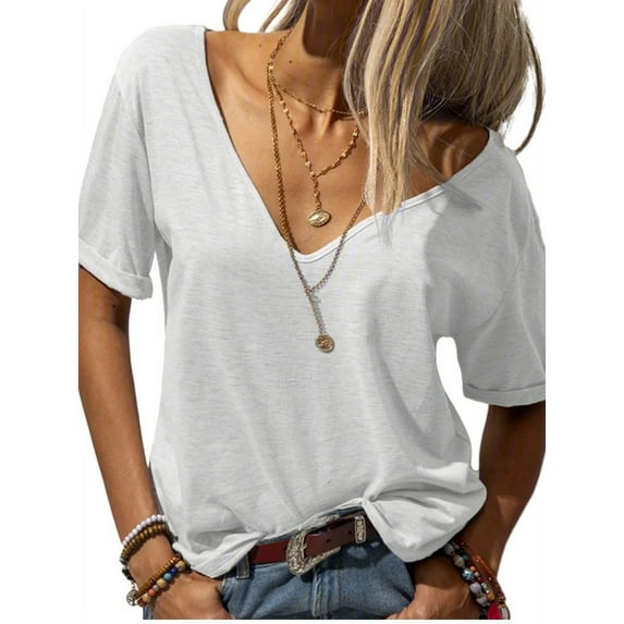 Solid Color V-Neck Women Short Sleeve Loose T-Shirt