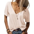 thumbnail image 1 of Solid Color V-Neck Women Short Sleeve Loose T-Shirt, 1 of 3