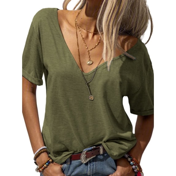 Solid Color V-Neck Women Short Sleeve Loose T-Shirt