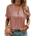 thumbnail image 1 of Solid Color V-Neck Women Short Sleeved Button Henley T-Shirt Tops, 1 of 4