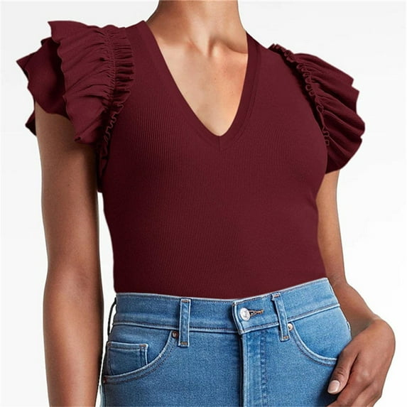 Solid Color V-Neck Women Slim Fit Ruffle Shirt Tops
