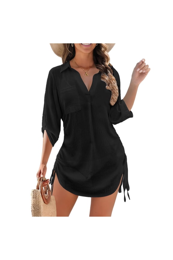 Solid Color V-Neck Women's Shirt,Sleeves and Waist Side DrawstringAdjustable Sleeve Length and Length,Serious without Losing Free and Easy,the Whole Gives a Fashionable andRelaxed Feeling