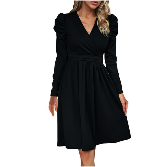 Solid Color V-Neck Wrap Dress for Women Long Sleeve Knee Length Dress Slim Waist Pleated Casual Short Dress