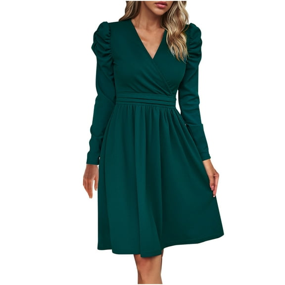 Solid Color V-Neck Wrap Dress for Women Long Sleeve Knee Length Dress Slim Waist Pleated Casual Short Dress
