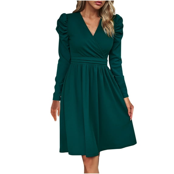 Solid Color V-Neck Wrap Dress for Women Long Sleeve Knee Length Dress Slim Waist Pleated Casual Short Dress