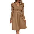 thumbnail image 1 of Solid Color V-Neck Wrap Dress for Women Long Sleeve Knee Length Dress Slim Waist Pleated Casual Short Dress, 1 of 8
