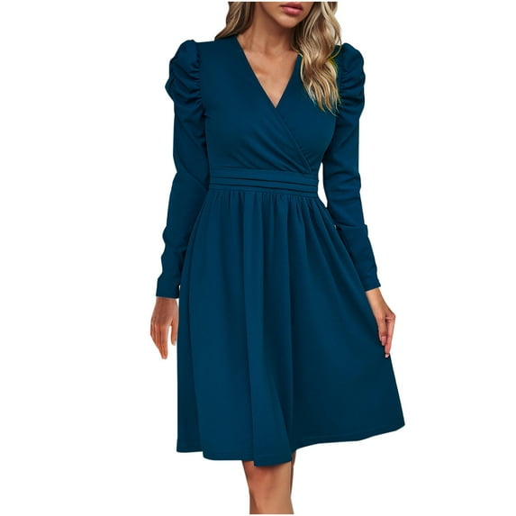 Solid Color V-Neck Wrap Dress for Women Long Sleeve Knee Length Dress Slim Waist Pleated Casual Short Dress