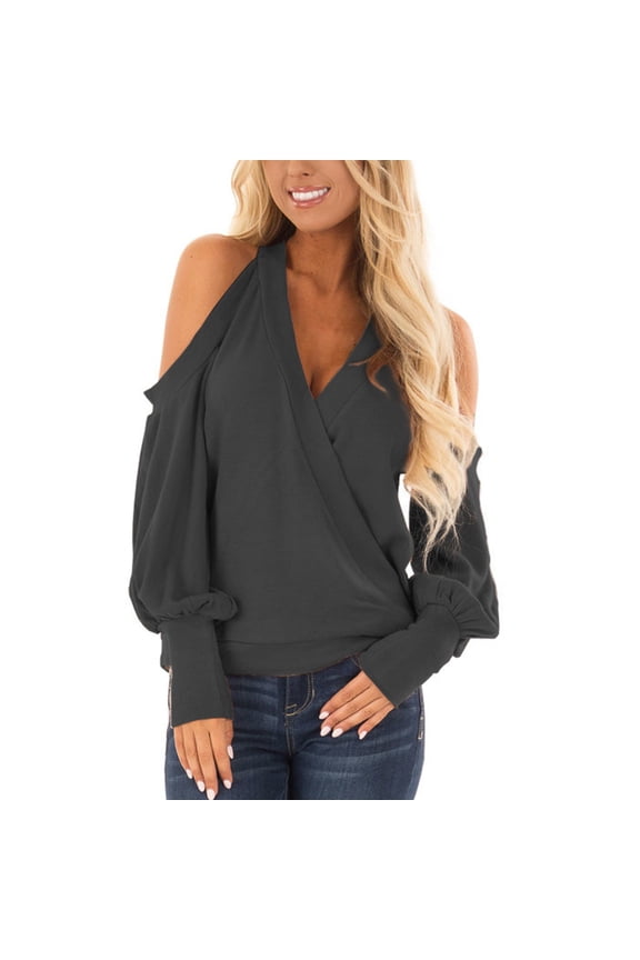 Solid Color V-Neck Wrap Tops for Women Cold Shoulder Halter T-Shirts Winter Loose-Fit Casual Blouse