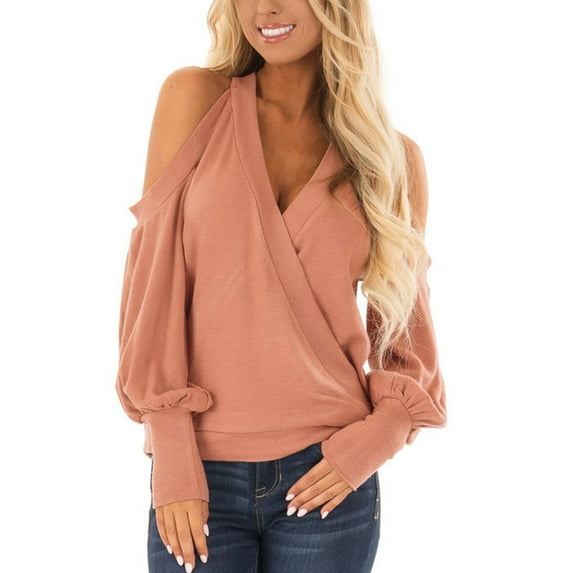Solid Color V-Neck Wrap Tops for Women Cold Shoulder Halter T-Shirts Winter Loose-Fit Casual Blouse