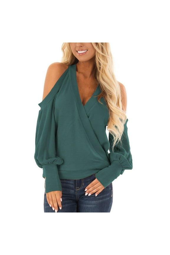 Solid Color V-Neck Wrap Tops for Women Cold Shoulder Halter T-Shirts Winter Loose-Fit Casual Blouse