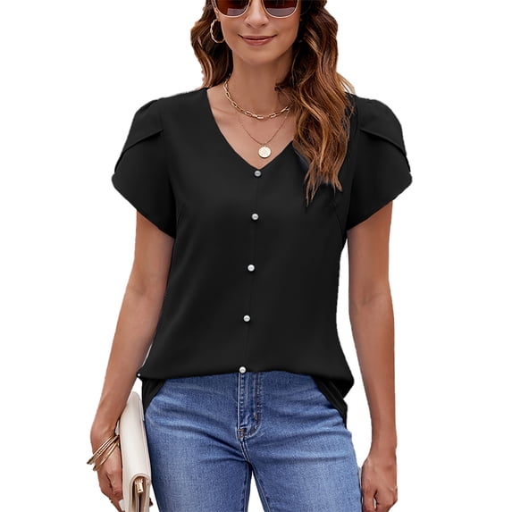 Solid Color V-neck Short Sleeved Loose Chiffon Shirt Pearl Top