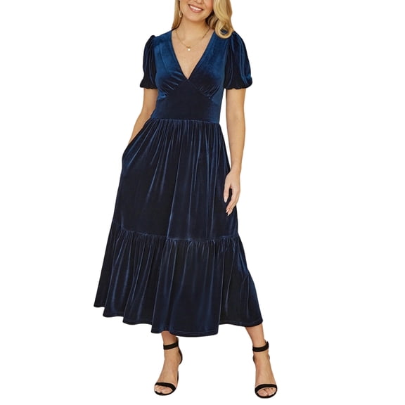 Solid Color Velvet Dress, Soft Knit Long Sleeve with Modest Neckline, Chic and Comfortable Dress for Fall Weddings and Cocktail Events Navy XL