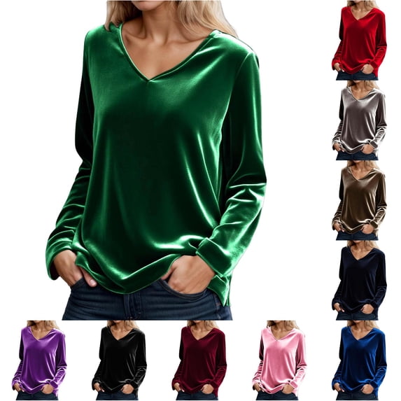 Solid Color Velvet Long Sleeve V Neck Relaxed Fit T Shirt Top for Autumn and Winter Women’s Everyday Wear
